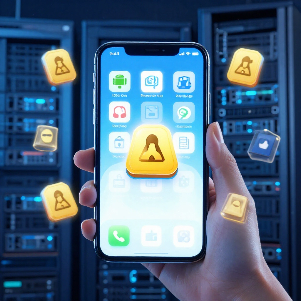 手機畫面顯示 iOS Android 麻將 app,周圍浮現假外掛警告跟駭客符號,後頭伺服器機架藍光環繞,強調資安主題
