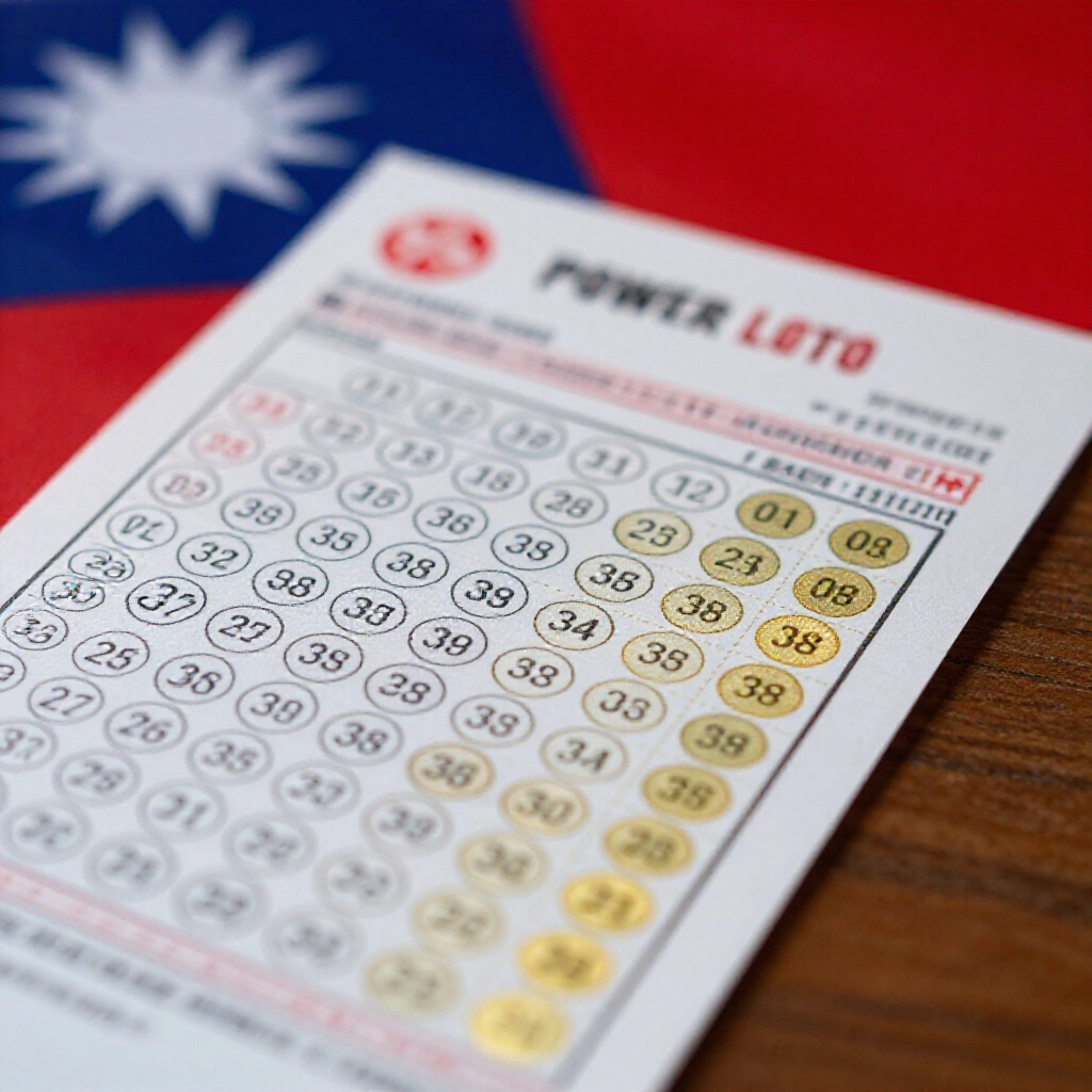 Closeup of a Power Lotto ticket with first zone 01-38 circles and second zone 01-08 in gold highlights on a wooden table, soft light and faint Taiwan flag hues in back
