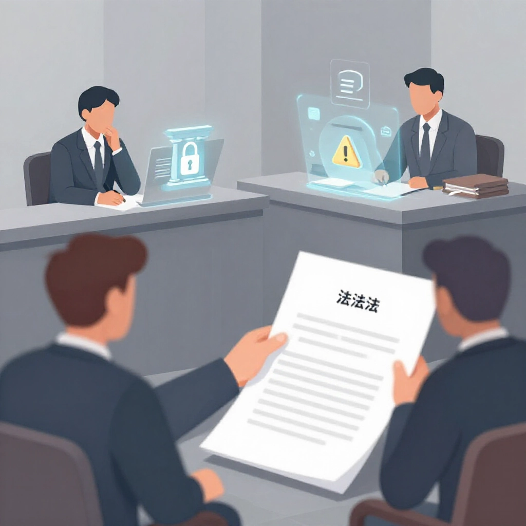 modern courtroom illustration judge pointing at document labeled money laundering law worried defendant seated beside lawyer holographic icons of locked bank accounts and warning symbols neutral gray tones focused lighting on legal papers stacks