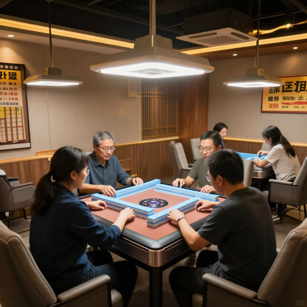 台灣麻將館內部，四人圍著發光的電動桌，木質裝潢溫馨，牆上有租費告示，氣氛輕鬆