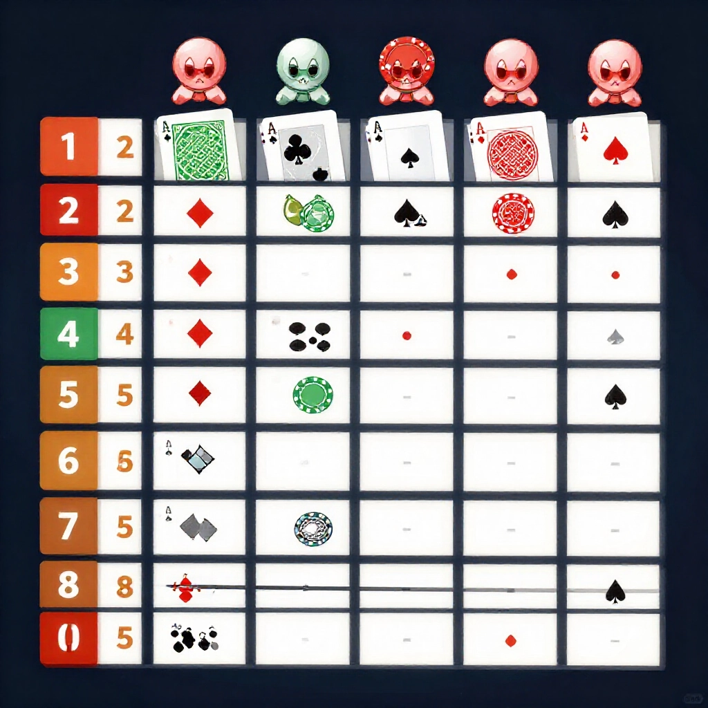 Colorful illustrated chart of poker hand rankings in four of a kind game, from top four-of-a-kind down to point totals with vibrant card graphics on a dark backdrop