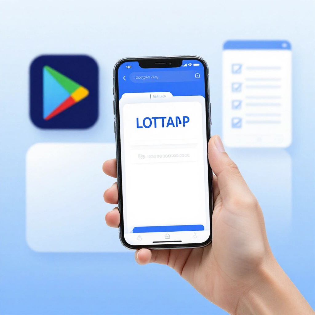 用戶手持手機安裝樂透APK，旁邊Google Play圖示與安全檢查清單，專業工作桌藍調介面