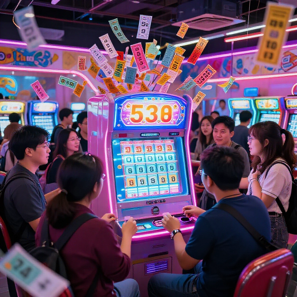 熱鬧台灣彩票廳裡，玩家圍著發光的539抽獎機，霓虹燈下票券和數字飄浮，充滿節慶氛圍