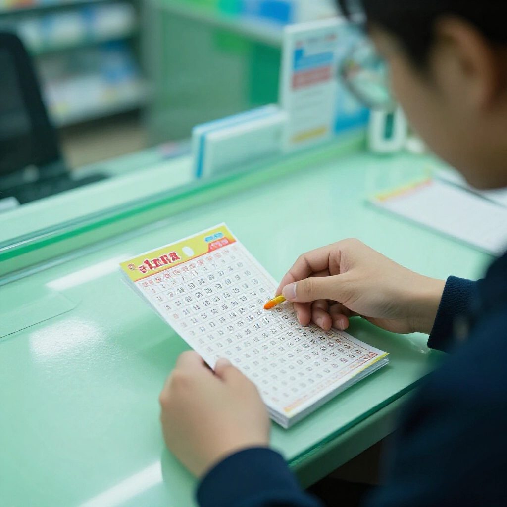 玩家在乾淨的投注站櫃檯仔細挑選01到39的五個539號碼，神情專注，燈光柔和帶點綠藍希望感