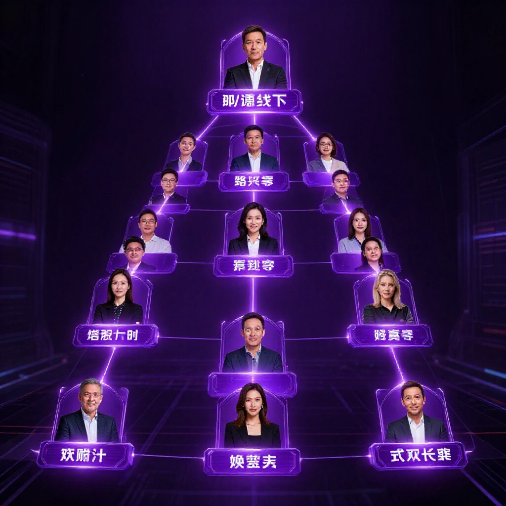 代理層級像金字塔,從總代往下分信用,中大代連線相通,黑暗背景帶紫霓虹