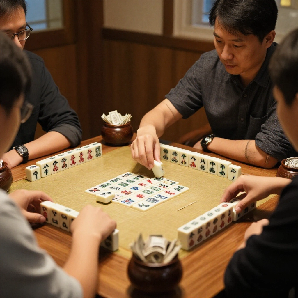 Strategic xianggong player eating tile to disrupt opponents rhythm focused gaze intense game atmosphere colorful tile patterns money pots on wooden table soft evening glow