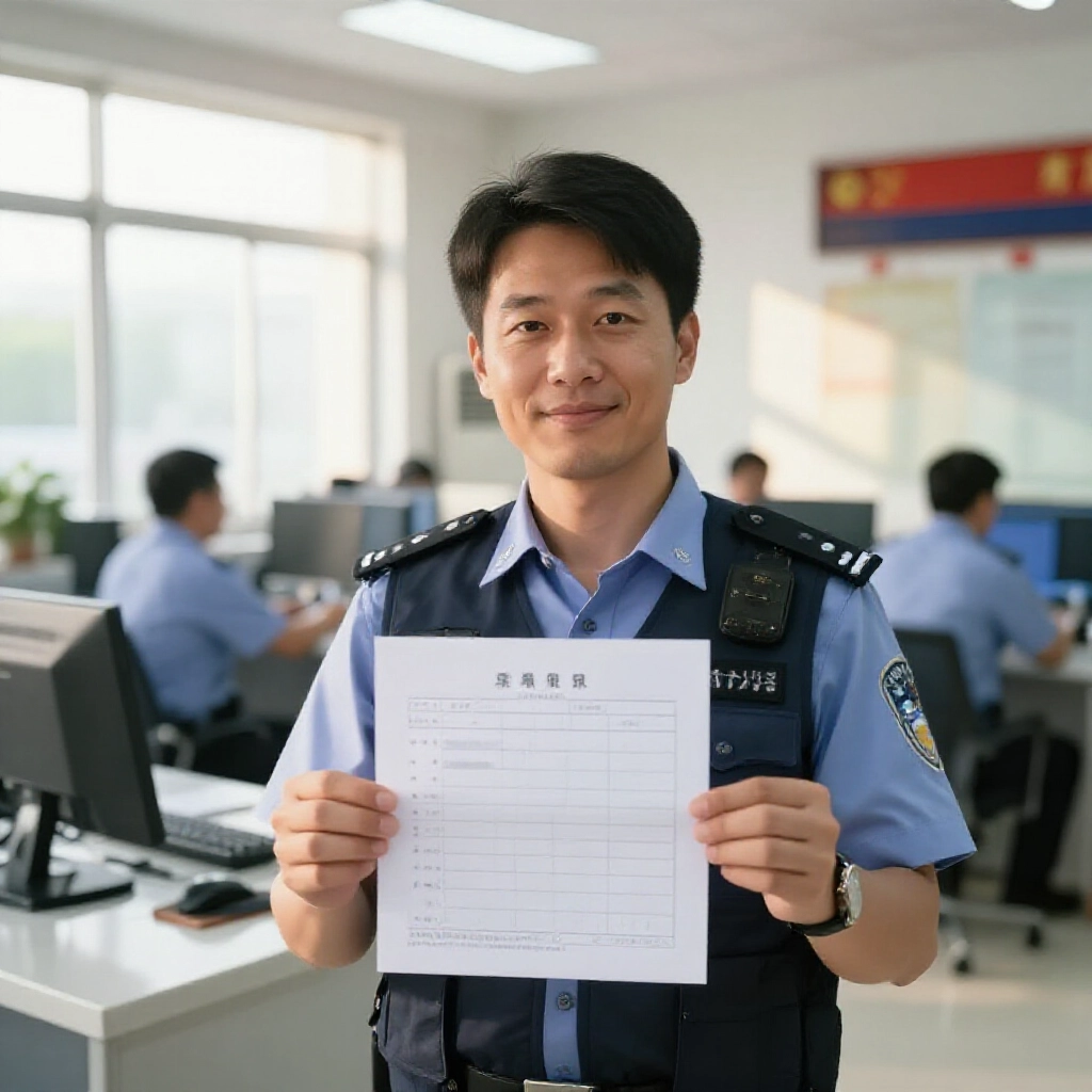 一位鬆一口氣的台灣大人，手拿空白警察刑事紀錄證明，站在明亮現代的警局裡，周圍有穿藍制服的警察、電腦和國旗，早晨陽光灑進窗戶