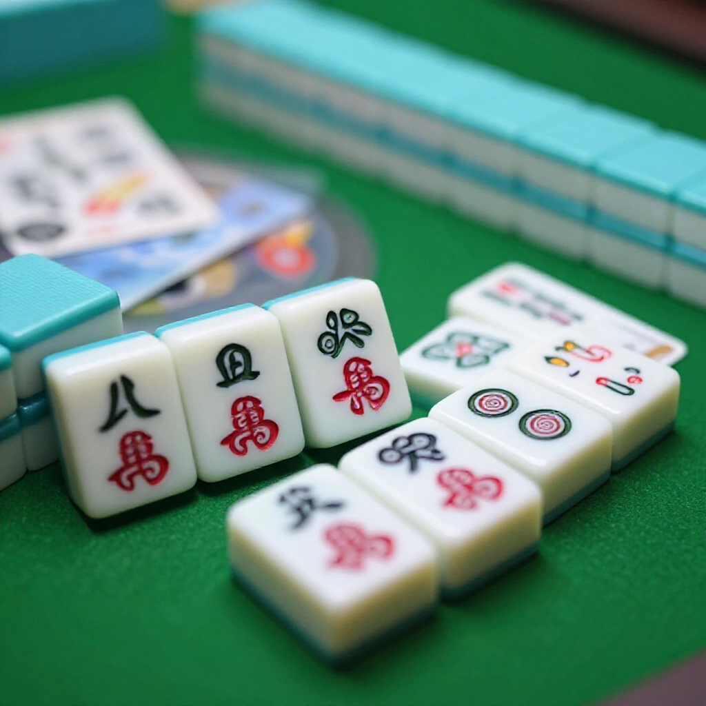麻將牌型特寫:莊家東風牌、花牌與平胡基本圖案,鮮豔牌色細節銳利,檯燈聚光動態反光綠色背景
