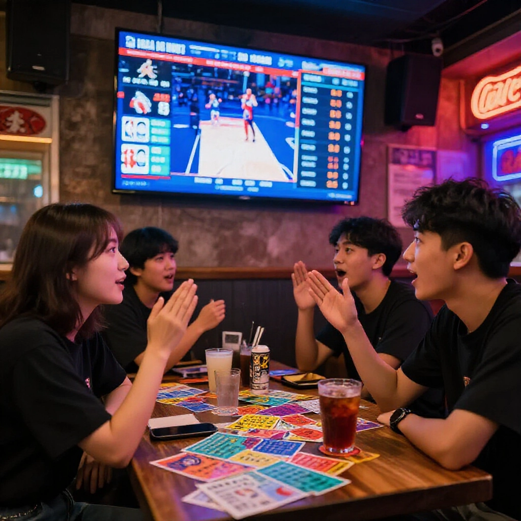 一群興奮年輕投注者在霓虹燈台灣運動酒吧盯大螢幕，NBA比賽計分板顯示弱隊讓分加分閃耀，周圍散落彩色投注單