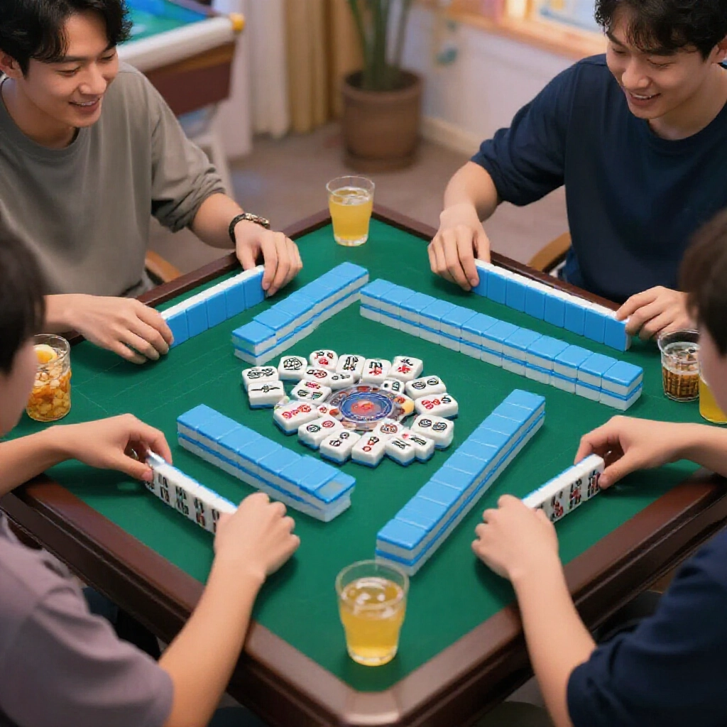 朋友們在舒適客廳玩三人台灣麻將，桌上零食飲料，快速輪流碰牌自摸，晚間柔光