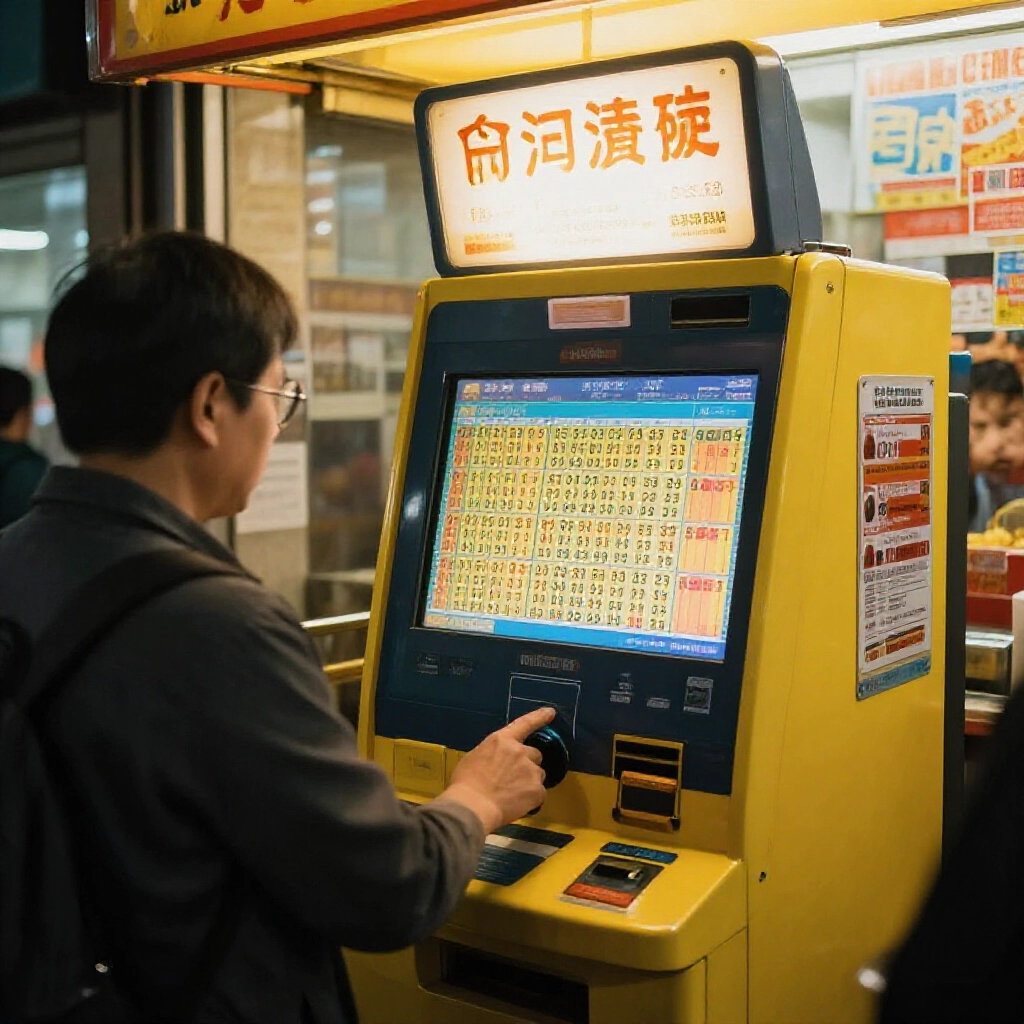 夜晚熱鬧的台灣彩票投注站,顧客興奮請店員選電腦號碼,螢幕顯示隨機五碼,溫暖黃光瀰漫