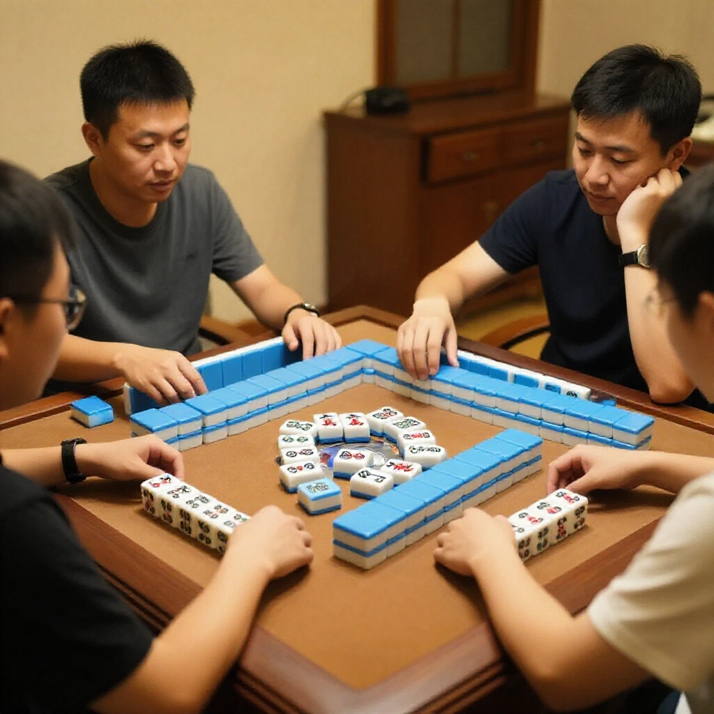 台灣三人麻將玩家示範禁吃規則，一家丟牌兩家考慮碰槓，木桌散落安全牌展現緊張策略