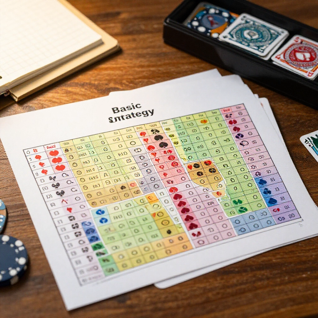 basic strategy chart matrix for blackjack hard hands versus dealer upcards color coded hit stand double split icons on wooden desk next to deck of cards and notepad in warm study light