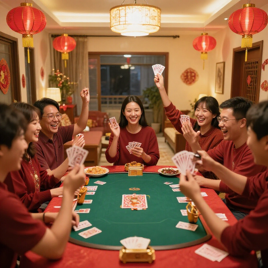 台灣客廳撲克夜，朋友們圍桌歡呼揭開同花青龍，紅燈籠暖光與傳統小吃點綴喜氣
