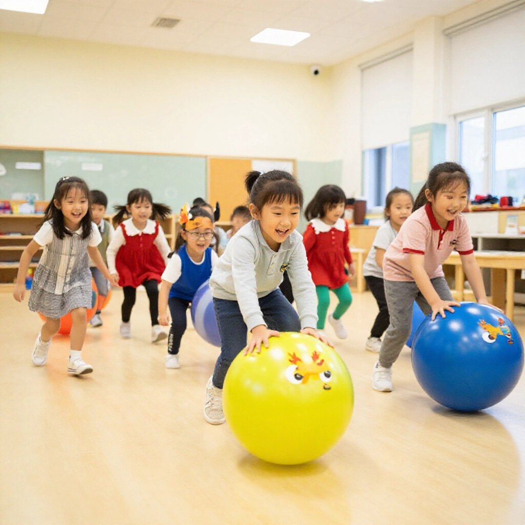 一群笑鬧幼稚園兒童滾大龍球接力賽，生動幼稚園教室，合作能量，動態動作，鮮豔服裝，明亮頂燈