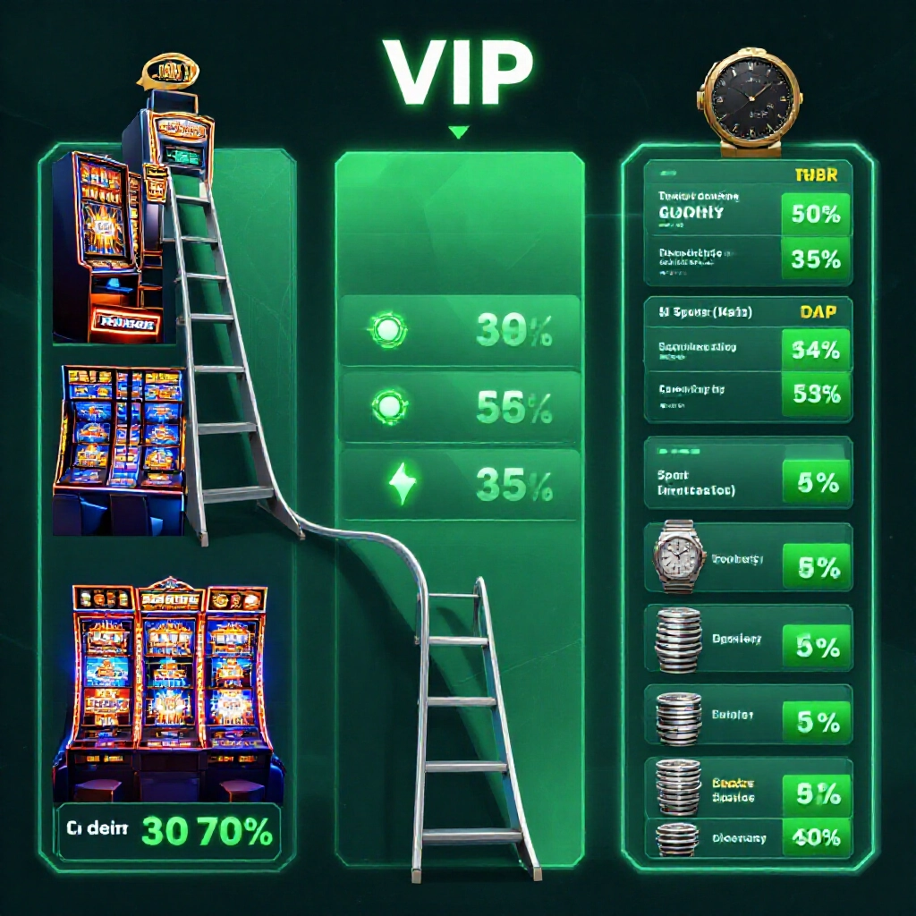 VIP 等級階梯圖表顯示各遊戲場館返水比例,電子老虎機真人荷官體育賽事每日結算介面