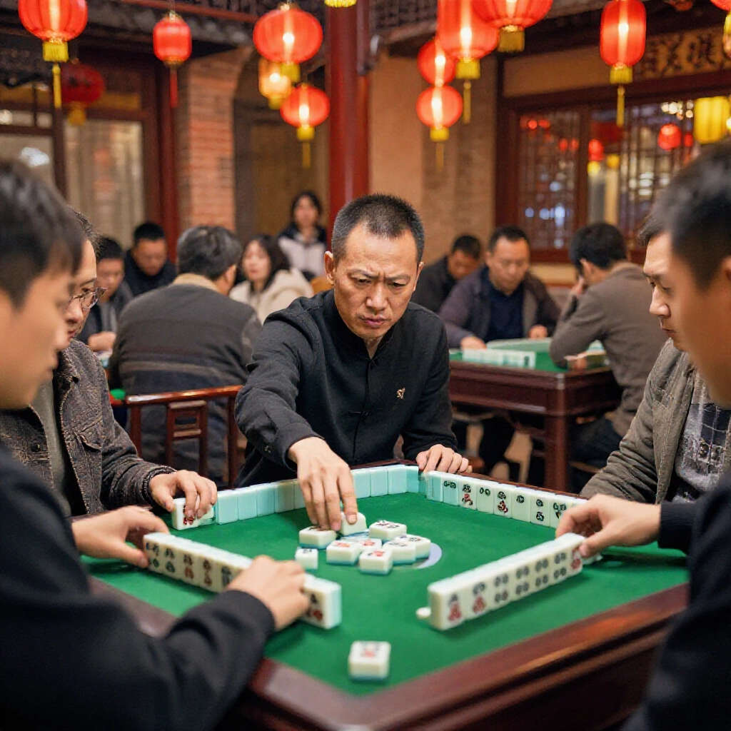 Player in xianggong state reaching across table to pung opponents discarded tile tense expressions on all faces vibrant red lanterns overhead classic 16-tile hands visible