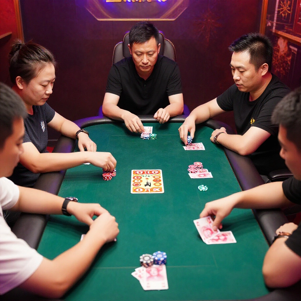 五人圍桌各放10元底注，玩家喊注翻牌，籌碼流動清楚，社交氣氛熱鬧