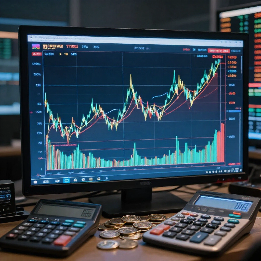 Dynamic chart displaying fluctuating exchange rates between game coins and TWD currency with rising falling lines in a high tech trading room filled with calculators and market graphs