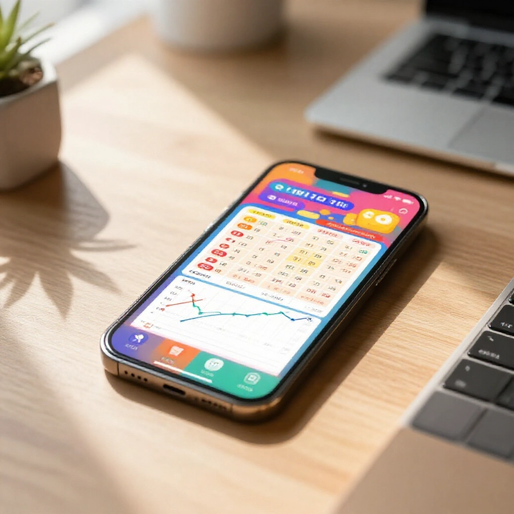 手機螢幕顯示彩色樂透App開獎圖表與走勢圖，木桌晨光柔和現代家辦公氛圍