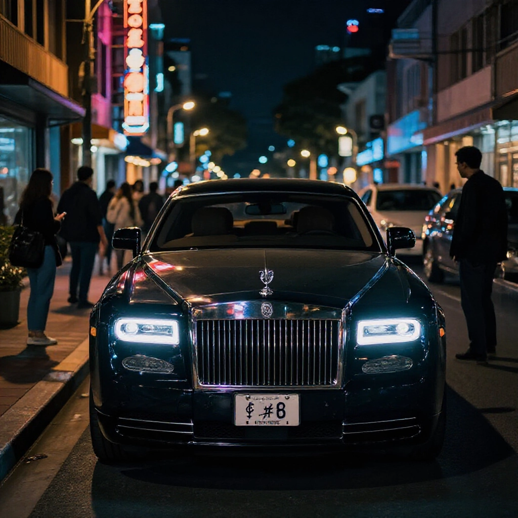 夜晚嘉義街頭停著神秘豪車，象徵車牌特別醒目，當地人讓路，旁邊慈善家身影隱現，傳達隱富轉慈善的聲望