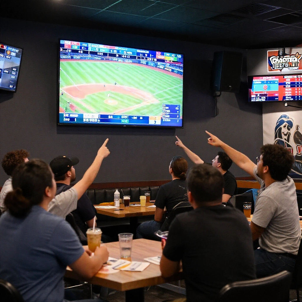 A bustling sports betting lounge with excited fans pointing at a large screen displaying a close baseball game scoreboard under bright lights