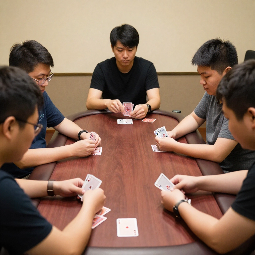Taiwanese players huddled around a wooden table in a buzzing room, each dealing four poker cards and sorting them into front and back pairs under warm lighting with serious looks