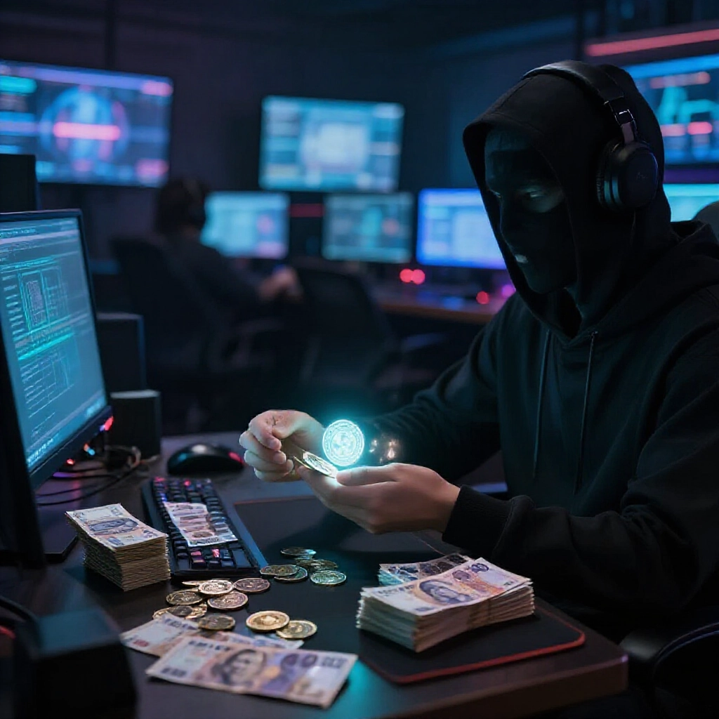 Gamer exchanging glowing virtual game coins for stacks of cash with a shadowy coin merchant in a dimly lit cyber cafe surrounded by multiple screens and Taiwanese banknotes