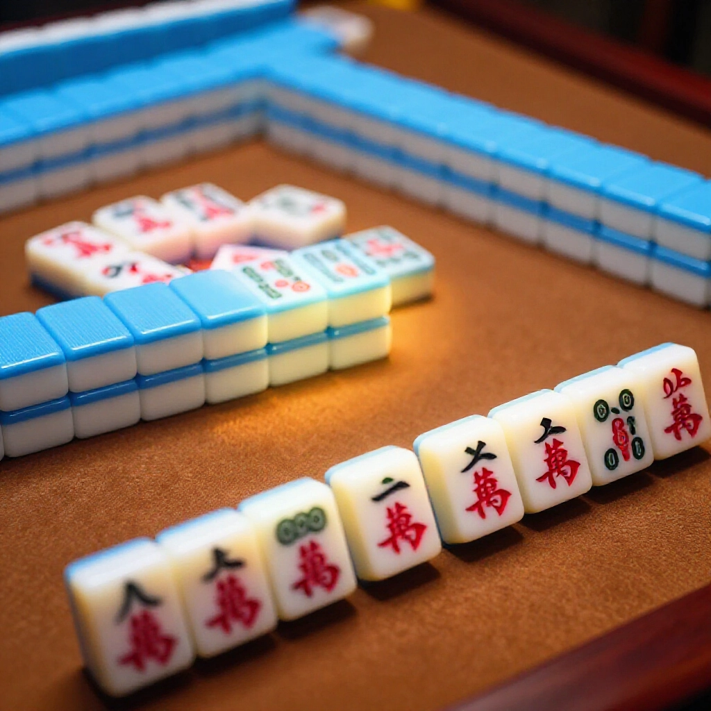 closeup of a stunning advanced mahjong hand with all tiles in the same suit forming perfect triplets and sequences on an elegant wooden table, vibrant colors under spotlights with subtle shadows
