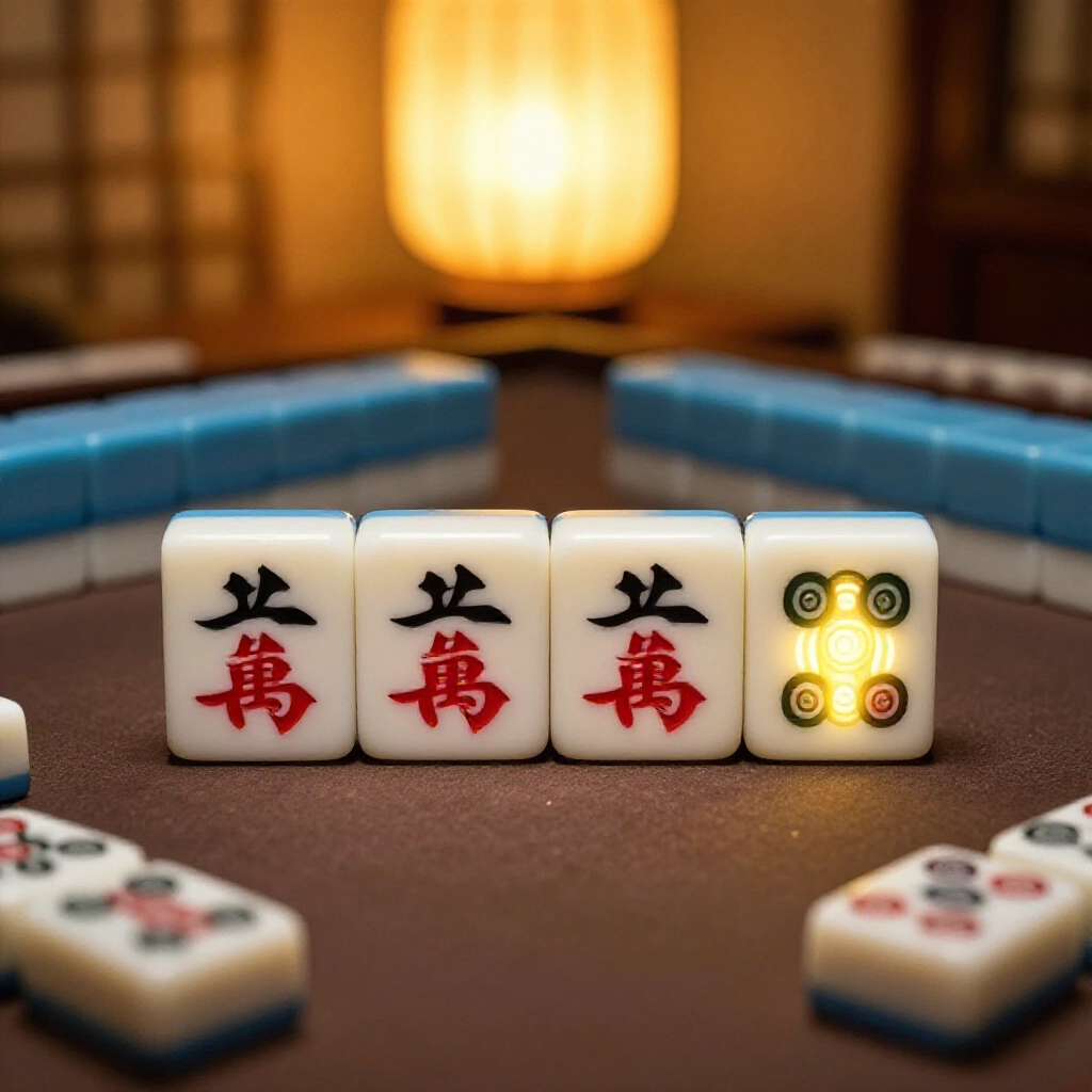 Taiwanese mahjong table displaying four identical triplets of tiles and one glowing pair eyes under warm bamboo lantern light with scattered tiles around