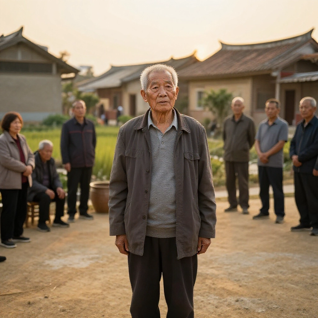一位年邁台灣男子在嘉義鄉村黃昏中挺立，周遭環繞敬重當地人和傳統建築，流露權威與調解氣勢