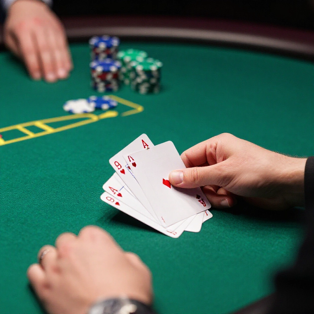 Player deep in thought over hand split, pairing ace with nine and ten on green table amid stacked chips in a tense poker setting