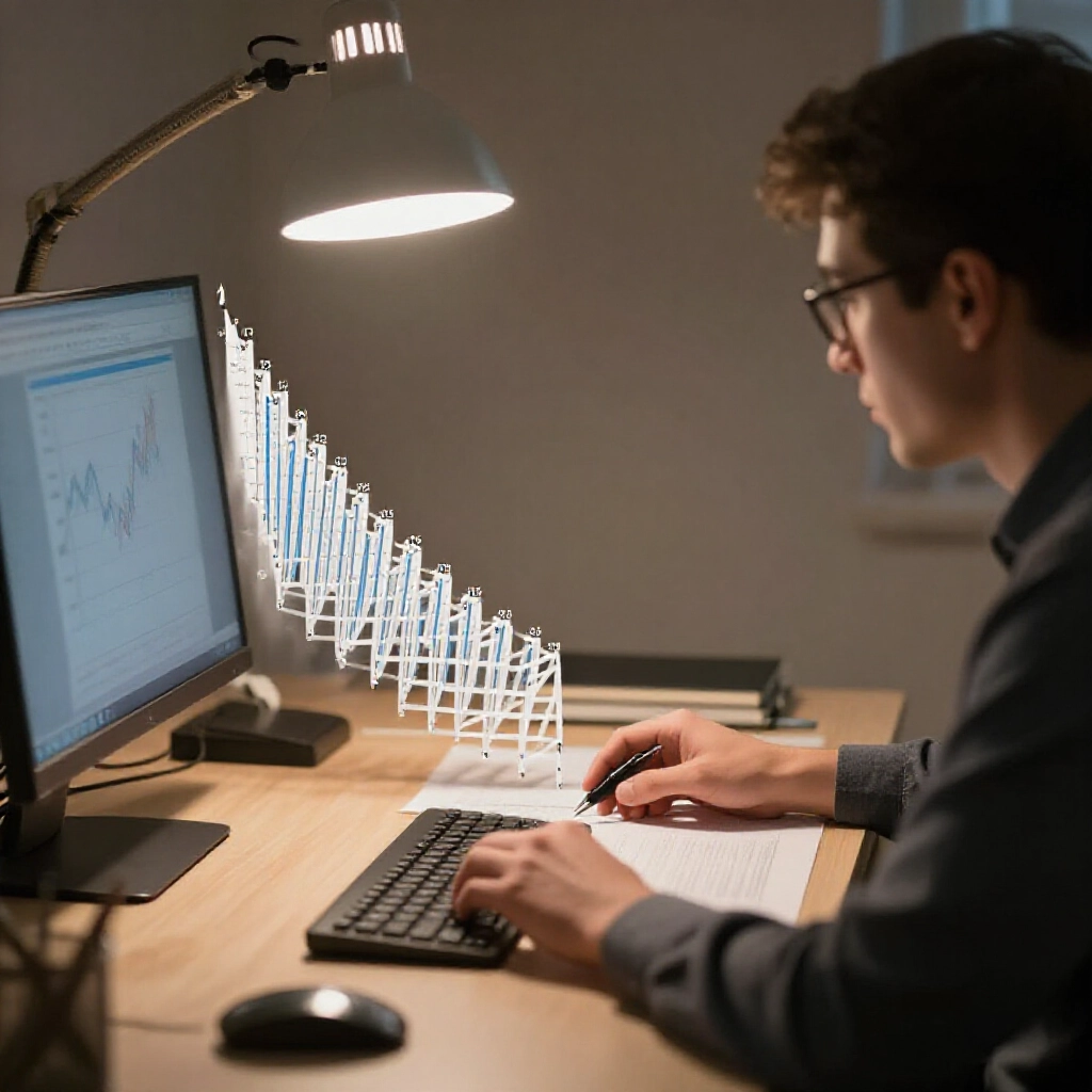 Analyst studying trend distribution graph highlighting tail number ladders and vertical consecutive patterns in ascending diagonal lines under focused desk lamp light