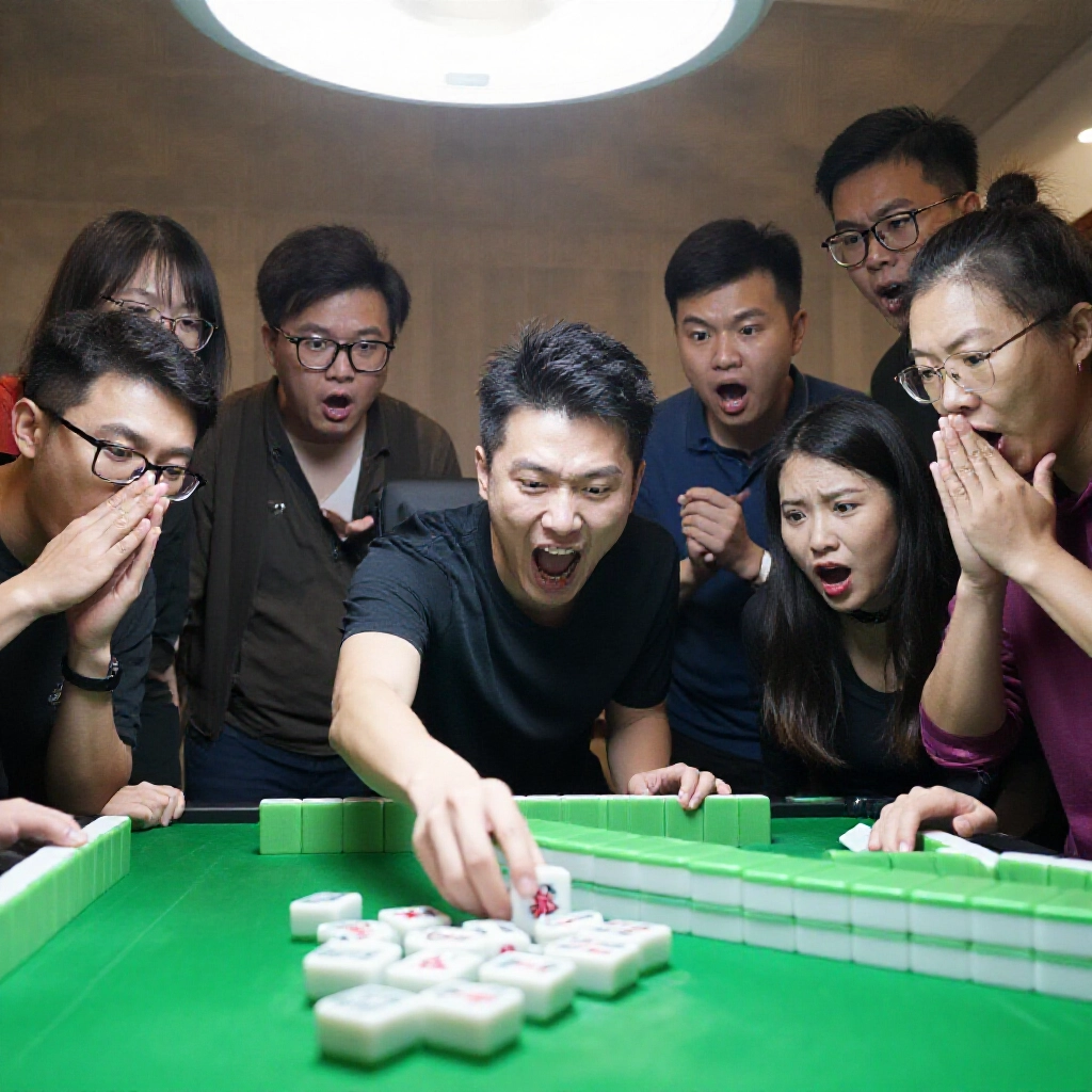 player joyfully shouting zimo while tapping the winning tile on a green felt mahjong table, others leaning in with surprised looks under bright lights, capturing the tense excitement