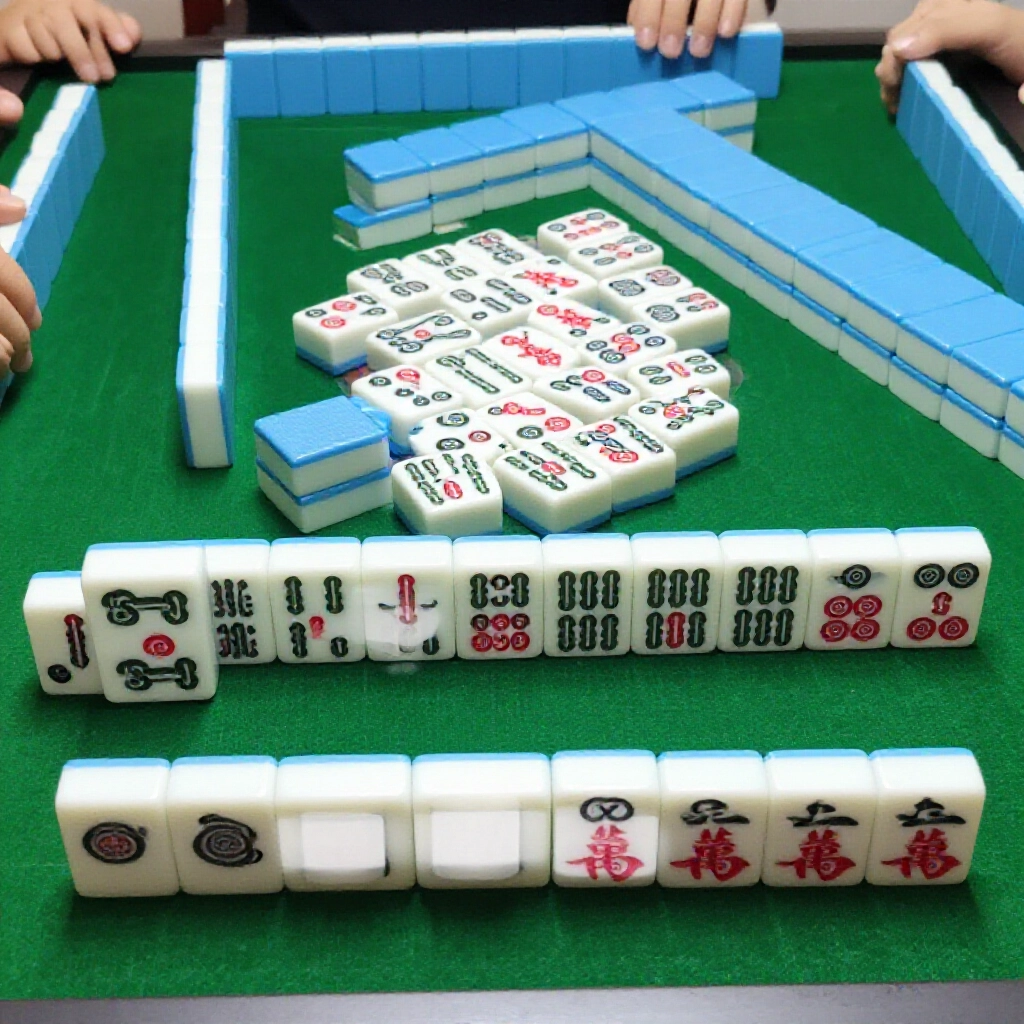 三人麻將牌牆特寫，兩家17墩一家16墩總100張，筒條字花整齊排列在綠氈桌上