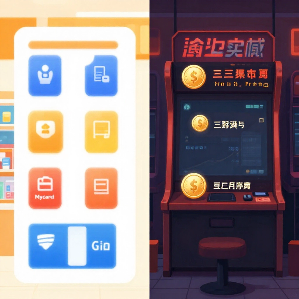左邊明亮官方支付如MyCard、Gash圖示，對比右邊陰影第三方幣商，在台灣便利商店遊戲氛圍中呈現對比
