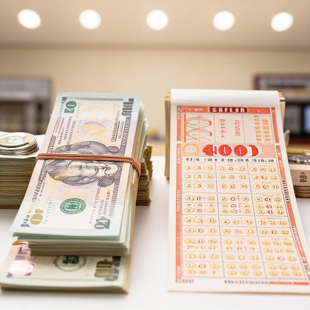 穩定現金堆疊旁邊固定獎金彩券,對比變動大獎,在明亮銀行燈光下展現獎金上限機制