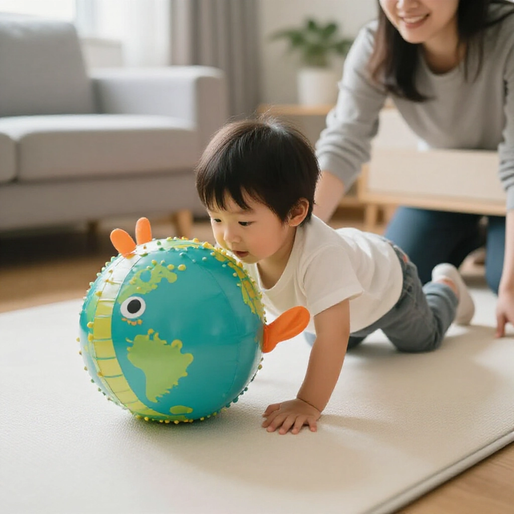 年幼孩童趴姿推著充氣紋理大龍球穿越軟墊，小型都市公寓，專注表情，家長在旁監督，自然室內光線，玩樂氛圍