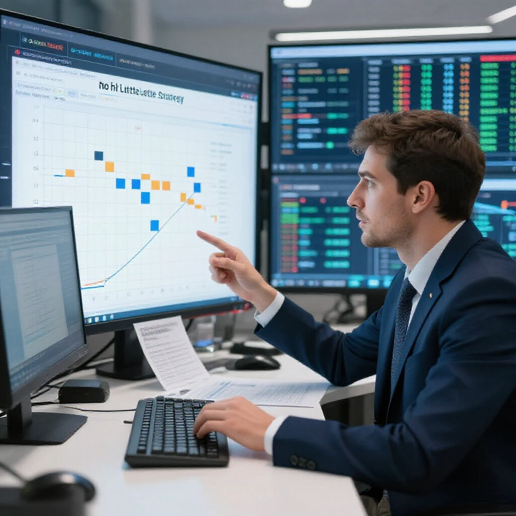 professional statistician at desk explaining no hit lottery strategy with visual aids showing miss periods and probability balances modern infographic screens displaying cold door number patterns thoughtful pose data driven atmosphere