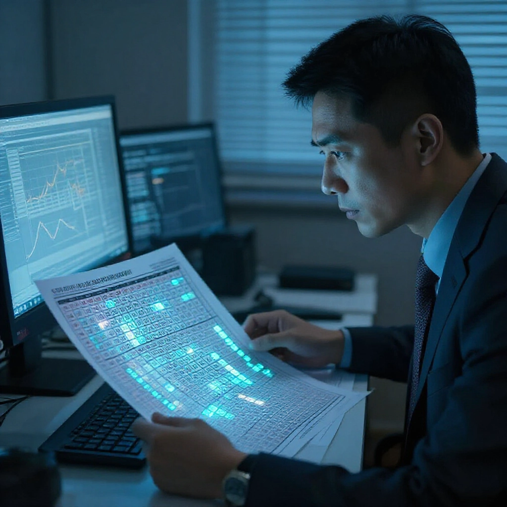 lottery analyst in dimly lit taiwan office poring over california daily draw charts with glowing omission value graphs cold numbers highlighted focused expression on face surrounded by statistical trend lines soft blue ambient lighting