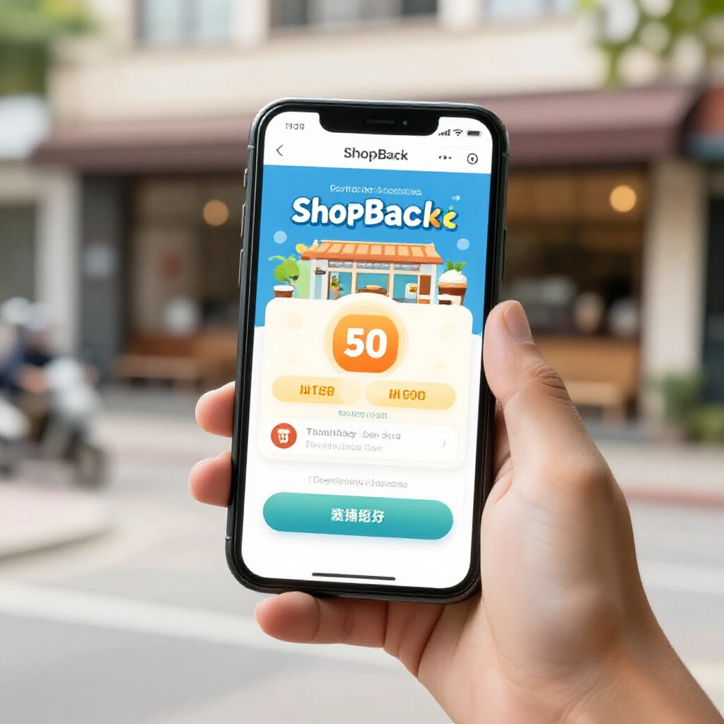 玩家下載ShopBack App,在手機上完成遊戲等級任務,現金回饋跳出來,咖啡店通勤背景自然光線