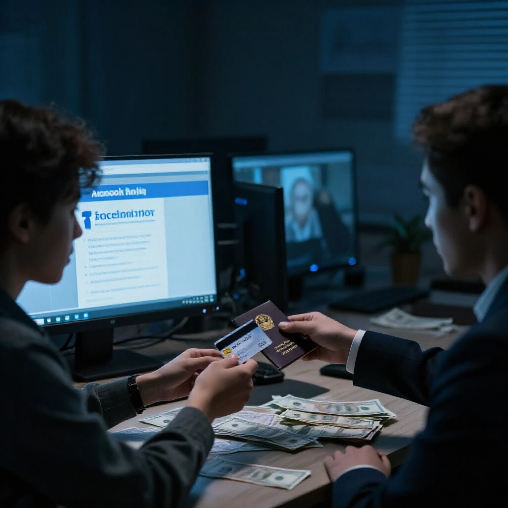 dimly lit room with young person nervously handing bank card and passbook to mysterious suited figure computer screens displaying facebook job ads for account rental deals shadowy atmosphere cool blue tones tense expressions scattered cash notes on table