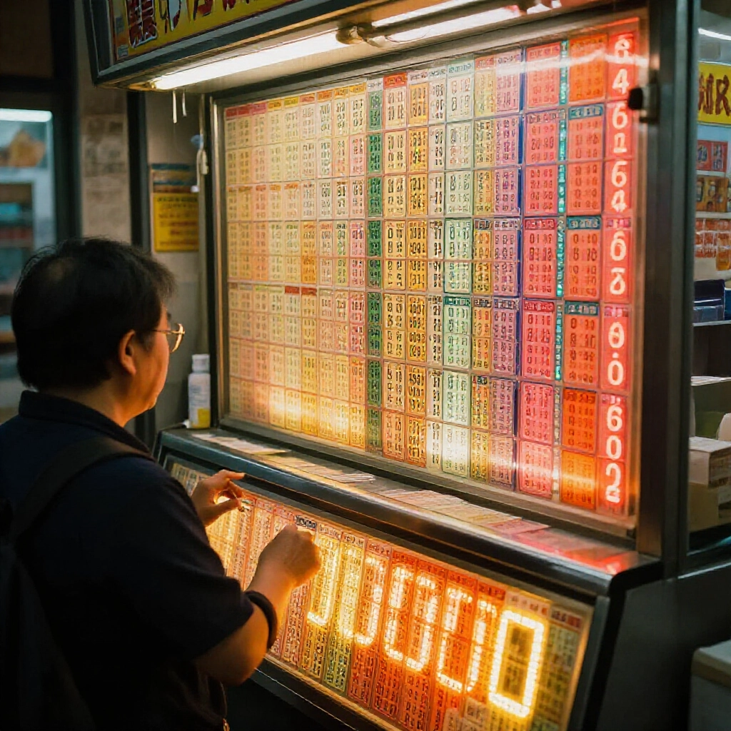 台灣彩票店櫃檯,彩券上閃爍0000到9999號碼,玩家熱切圈選數字,霓虹燈暖光氛圍