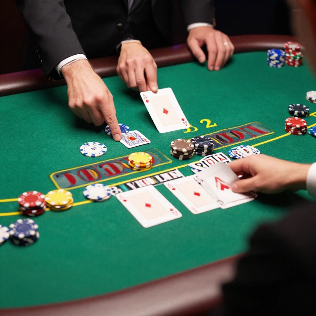blackjack table with chips and cards dealer ace upcard player bet 1000 winning blackjack payout 3 to 2 ratio illuminated by soft green felt light realistic casino atmosphere