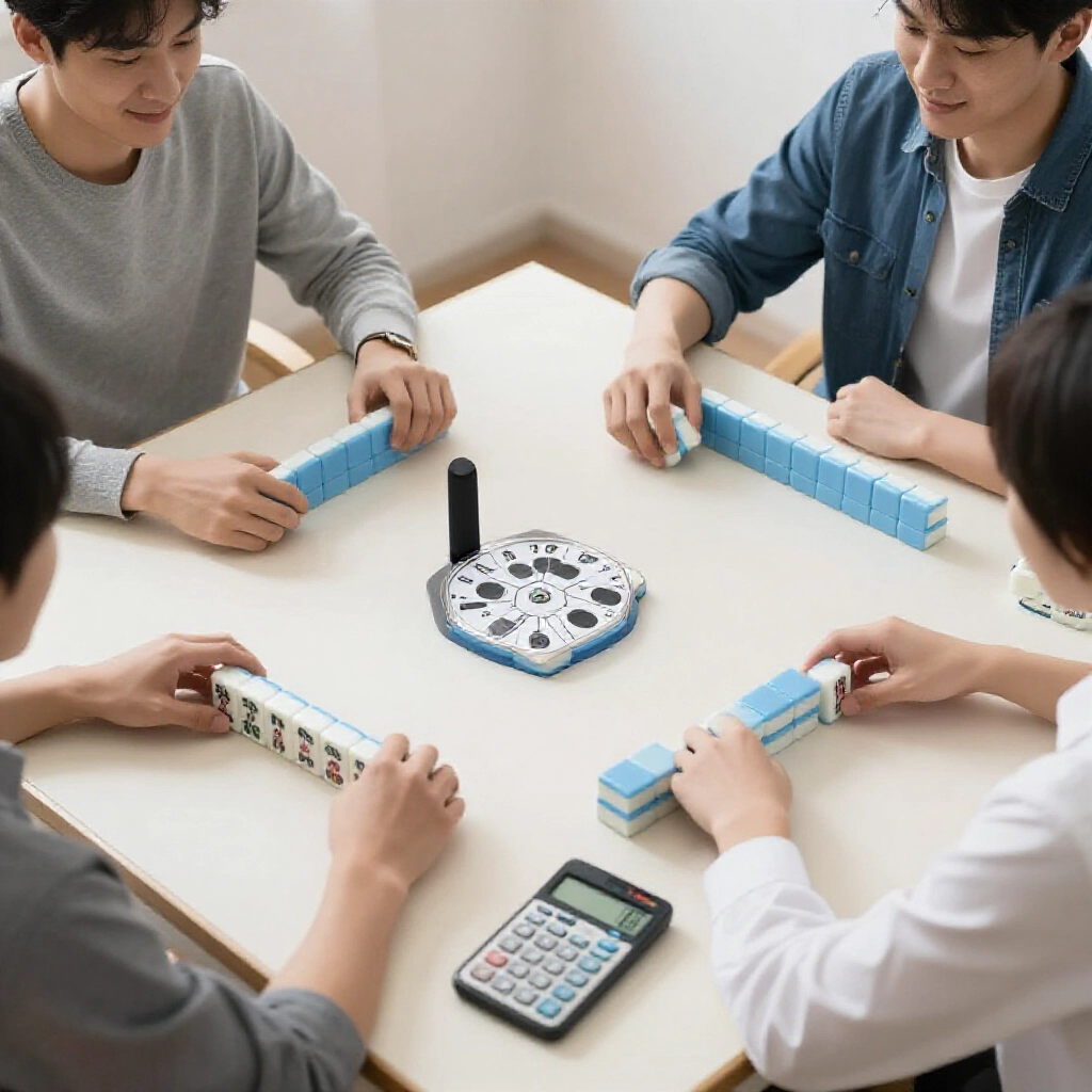 朋友們在麻將館打牌，桌上時鐘顯示時間，旁邊有費用計算器，空間乾淨整齊