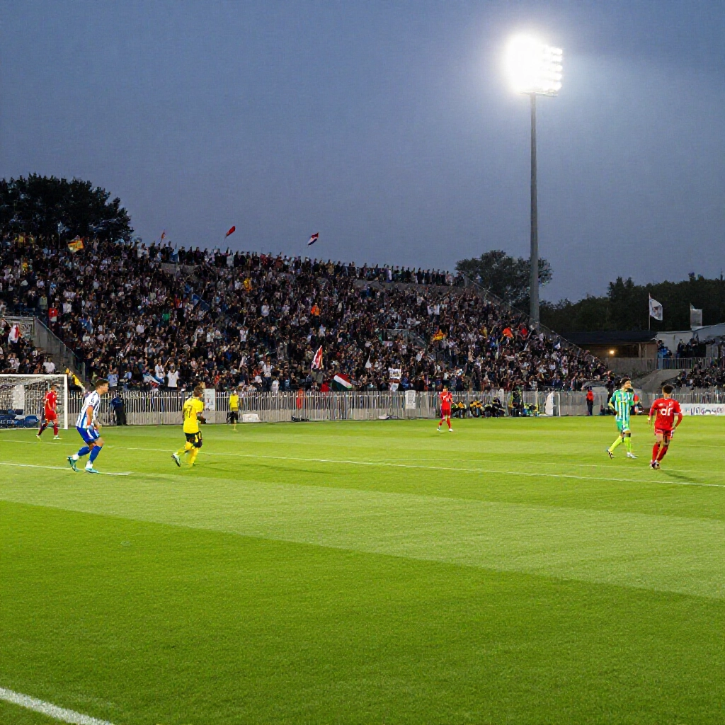 Dynamic soccer field at dusk with players in action during regular time crowd in stands waving flags under stadium floodlights capturing intense match moment