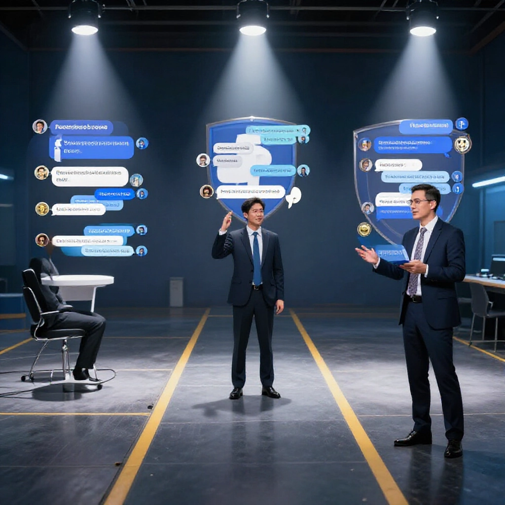 Comparison scene of three paths safe 8591 platform with shields Facebook group buzzing with suspicious chats and professional coin trader in suit offering stable deals under spotlights