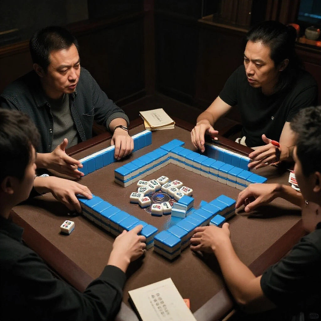 Intense mahjong debate scene with dark hidden pungs on table no exposed melds players gesturing tensely in dimly lit room contrasting rule books nearby