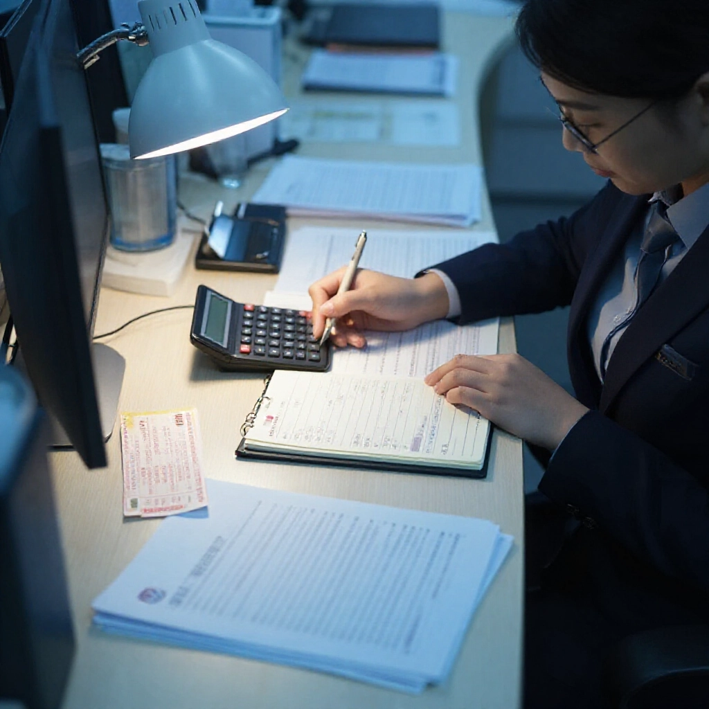 中國信託銀行櫃員在燈光下計算中20,000元539獎金稅款，周圍散落精準的財務文件，營造專業氛圍