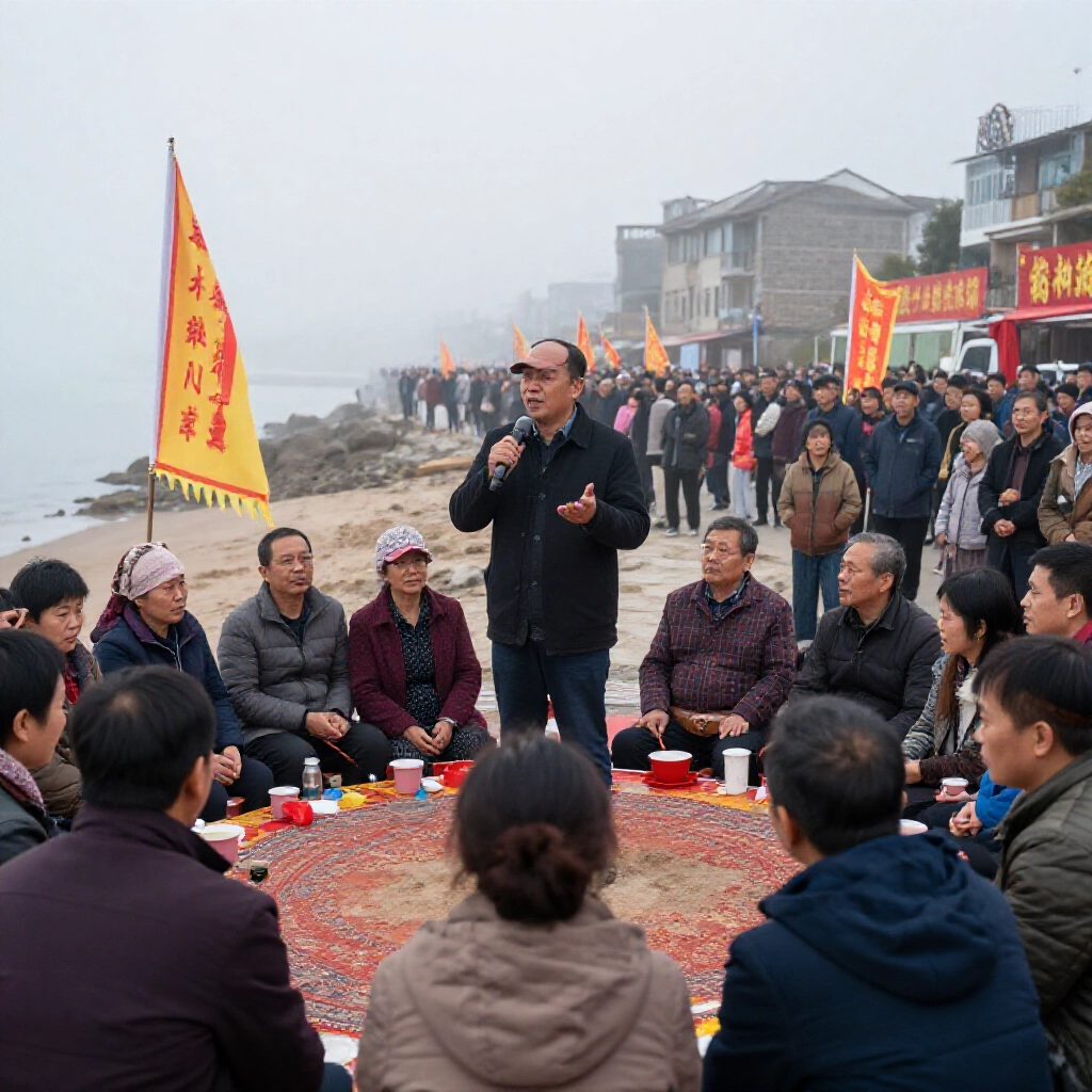 嘉義東石鄉一位權勢人物看著家族聚會，後方海岸線、政治旗幟與人群，霧氣瀰漫的早晨展現世代影響與地方政治